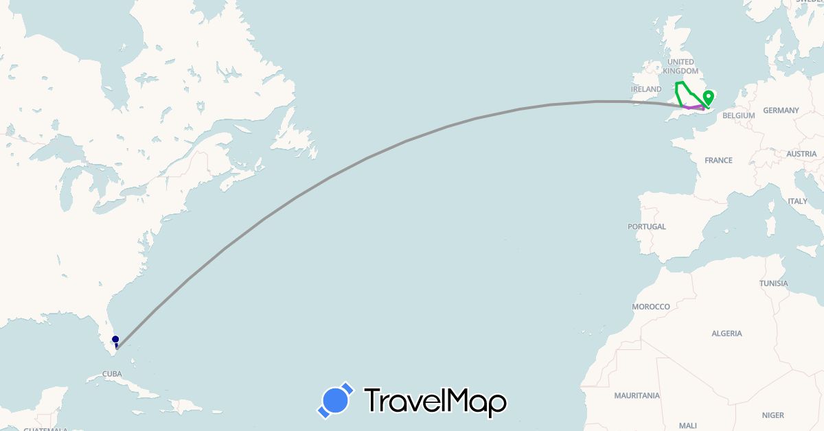 TravelMap itinerary: driving, bus, plane, train in United Kingdom, United States (Europe, North America)
